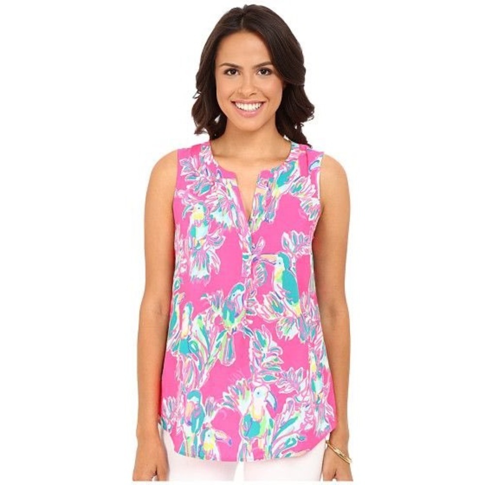 Lilly Pulitzer Elsa Sleeveless Top XS Pink Tropical Toucan Print Rayon Blouse